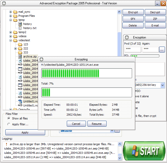 Advanced Encryption Package 2008 Professional - Encrypts,shredds, produces .EXE & .ZIP files