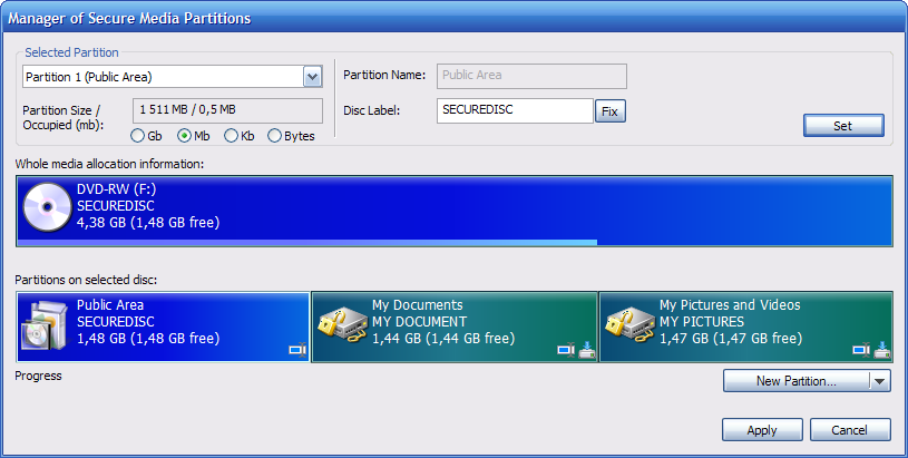 manager of secure partitions on DVD RW disc. Create new encrypted partitions, set password for encryption