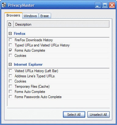 erase internet explorer and firefox downloads history, typed urls and visited urls history, forms autocomplete, cookies